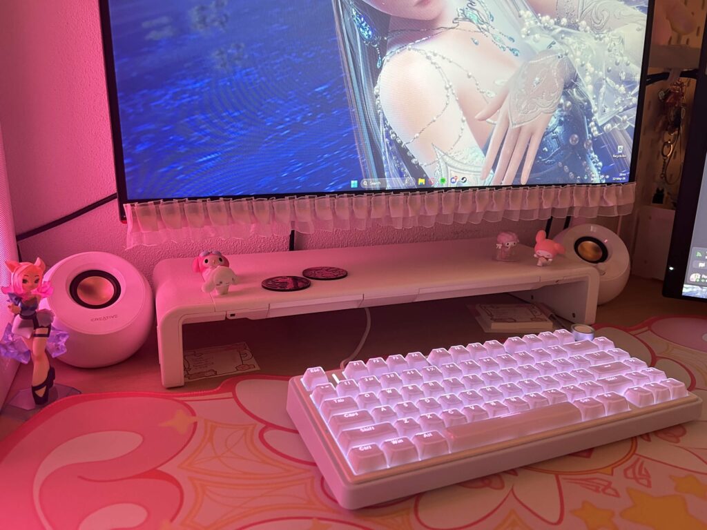 A cute desk setup with speaks.